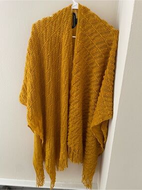 Ashley Stewart Mustard Yellow Knit Fringe Poncho